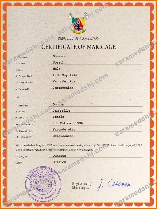 Cameroon marriage certificate PSD template